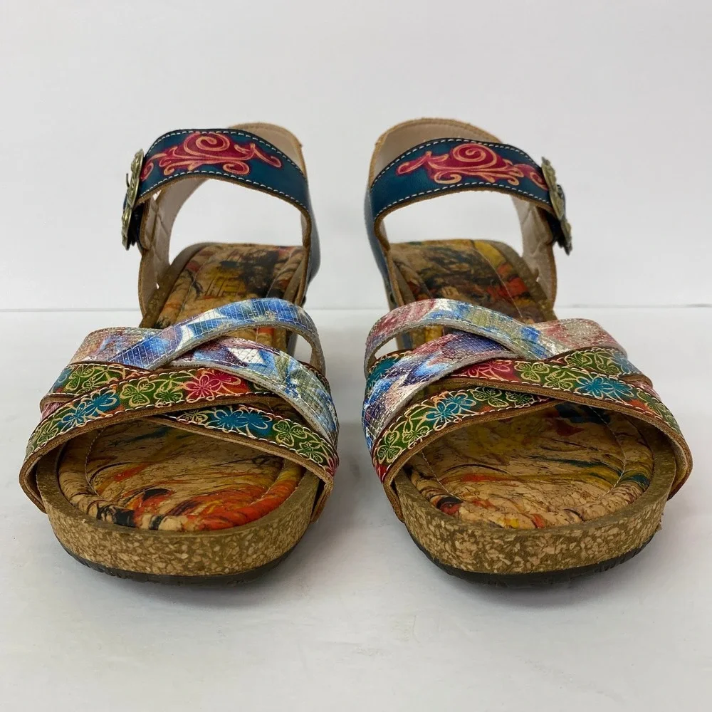 NEW, L'Artiste Spring Step, Audrie Blum Floral Leather Cork Wedge Sandal Size 39